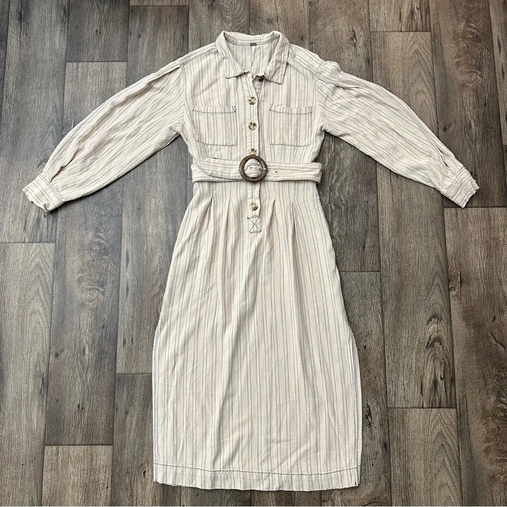 Free People Stripe Rayon Midi Shirtdress Women’s Size XS Cream Blue